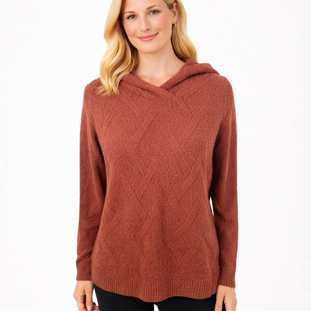 Coldwater Creek Rust Brown Cable Knit Hoodie Sweater Soft Relaxed Chic size XS
